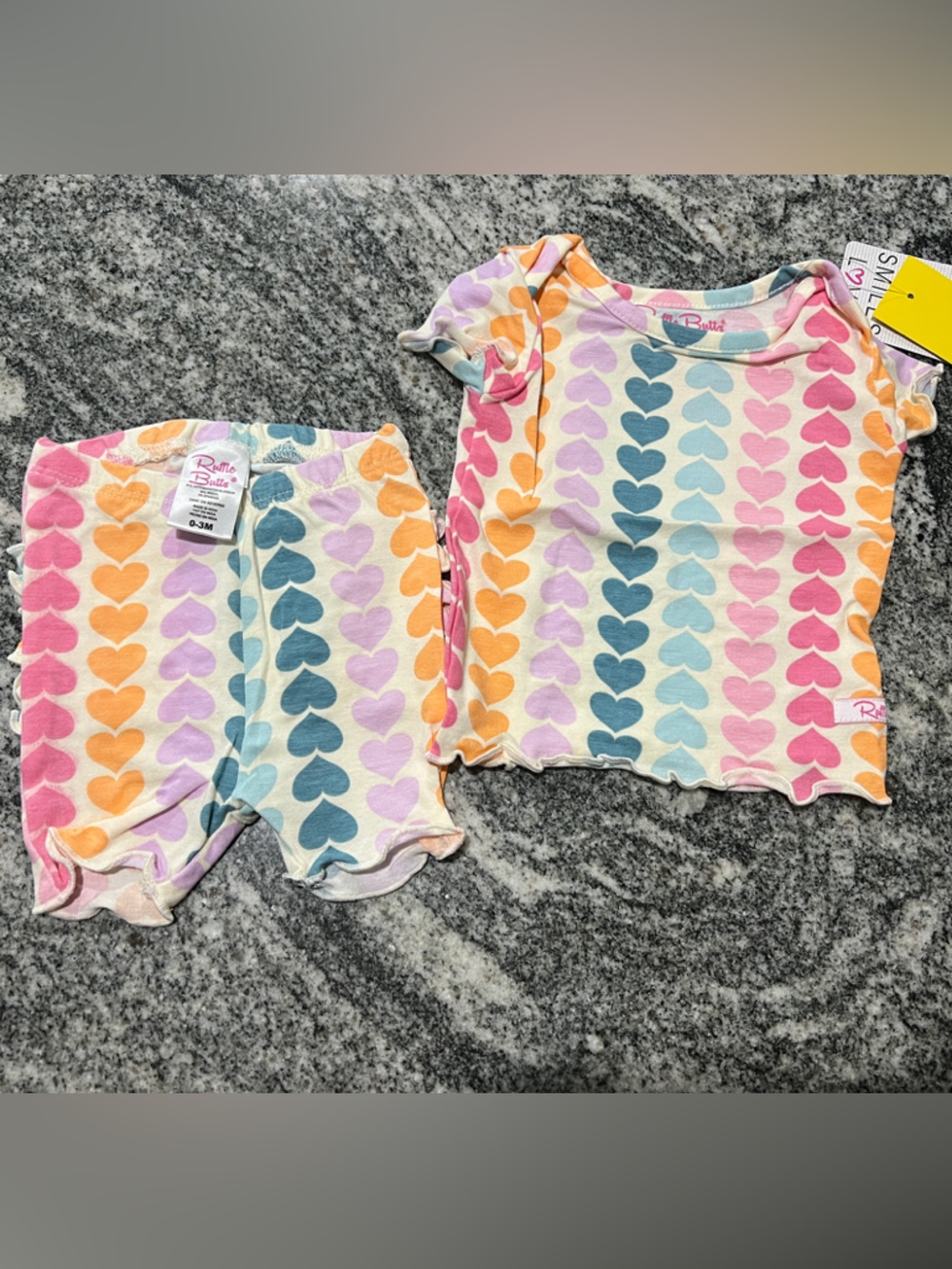 NWT. Ruffle Butts Heart Print Baby Pajama Shorts Set - Multicolor Hearts